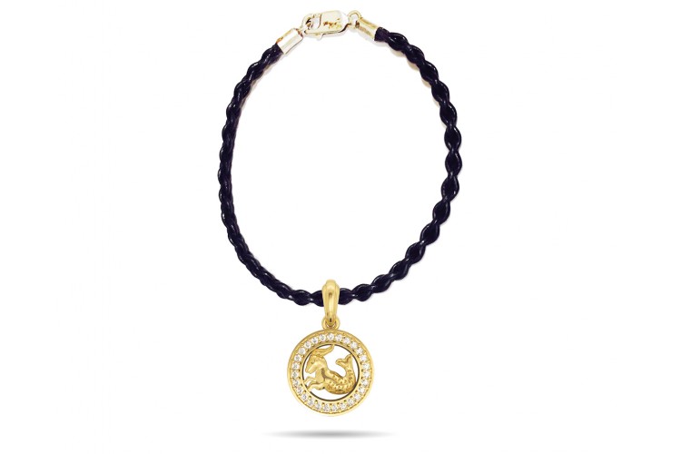 Capricorn Charm Pendant in 14K Gold with Diamonds on Leather Cord